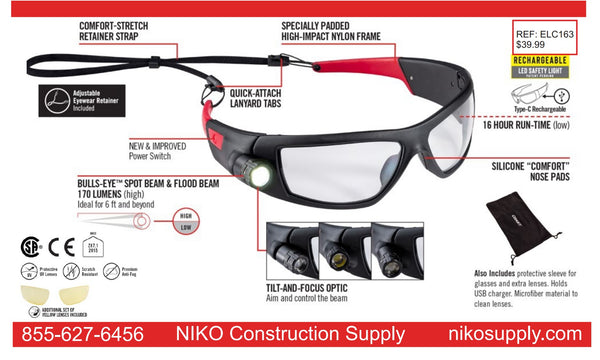 RECHARGEABLE INSPECTION BEAM SAFETY GLASSES – Niko Construction Supply